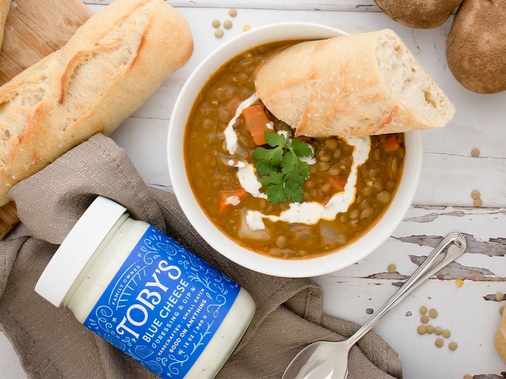 How to make Potato & Lentil Soup with Toby’s Blue Cheese Dressing & Dip
