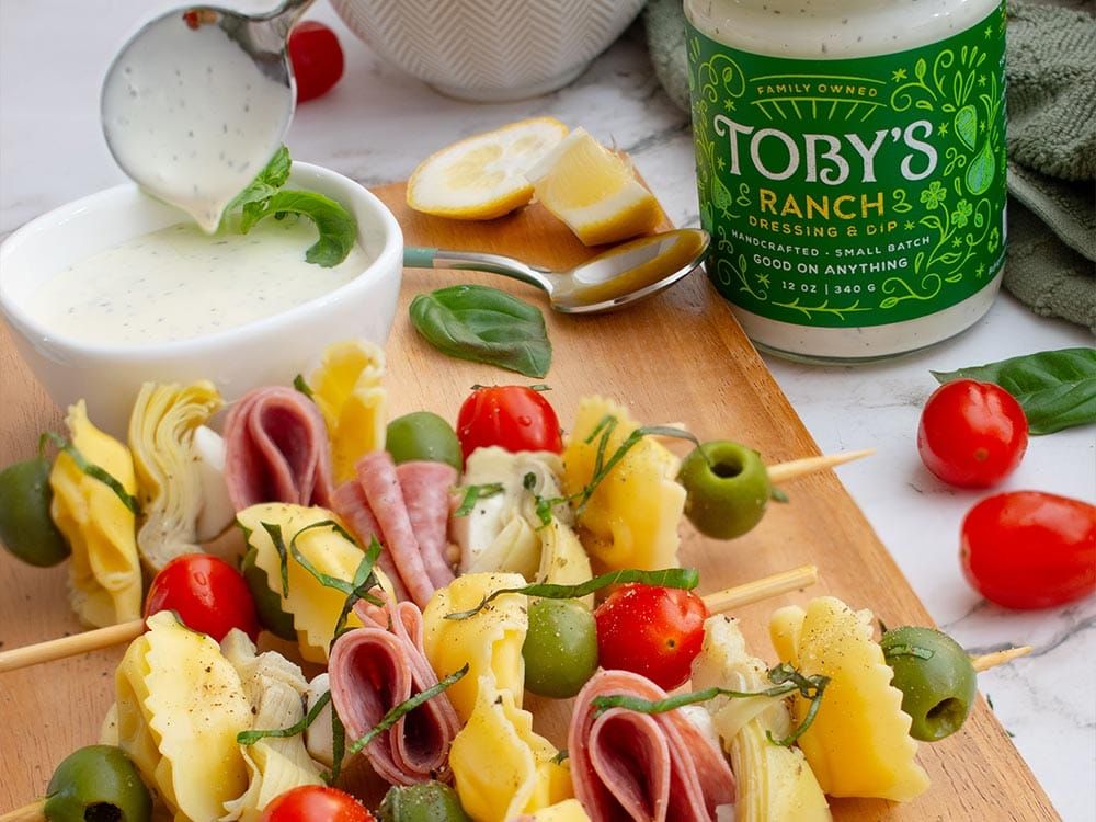 How to make Antipasto Skewer Board with Toby’s Ranch Dressing