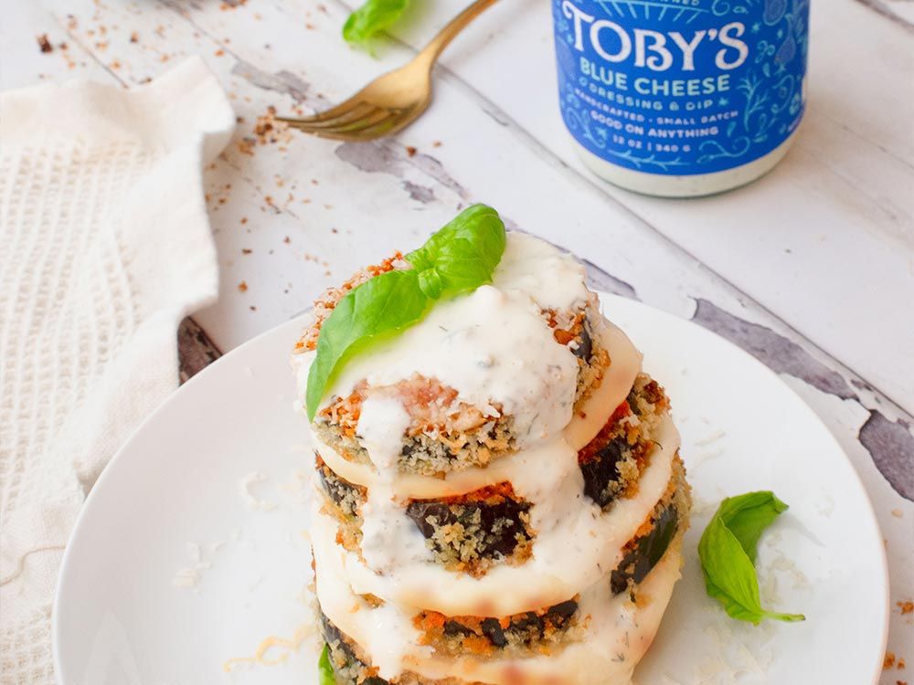 How to make Baked Eggplant Parmesan Stacks with Blue Cheese Dressing