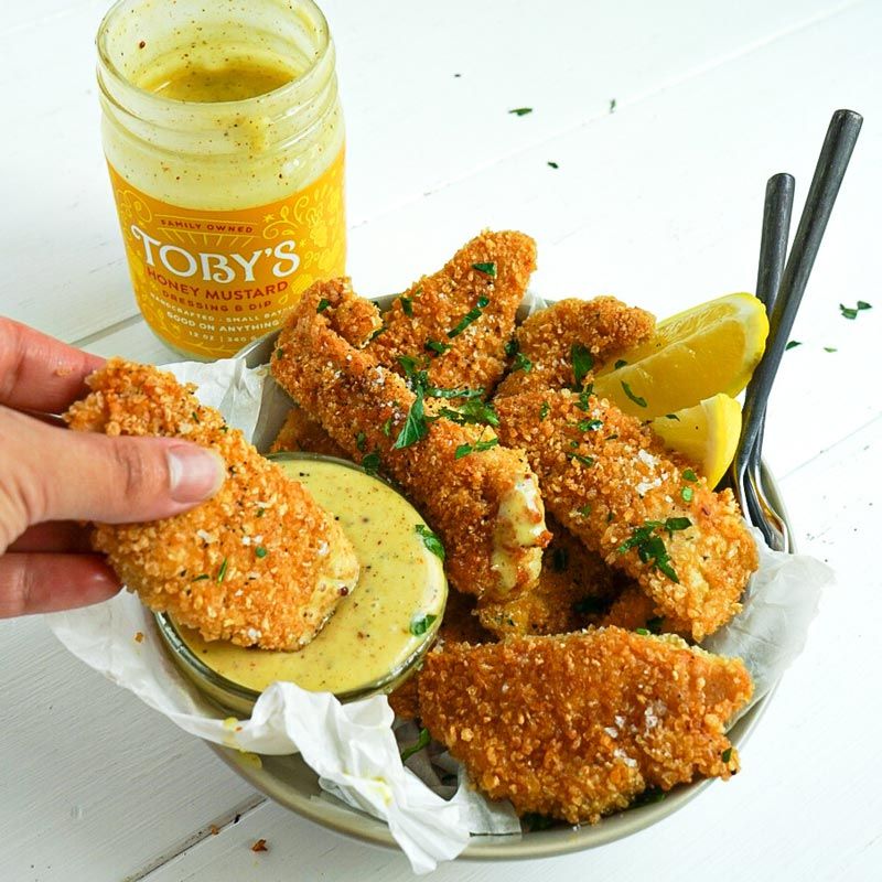 crispy chicken with Toby's Honey Mustard Dressing and Dip