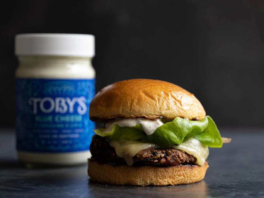 Black Bean Burger with Blue Cheese Dressing - Toby's Family Foods Black Bean Burger with Blue Cheese Dressing - Toby's Family Foods
