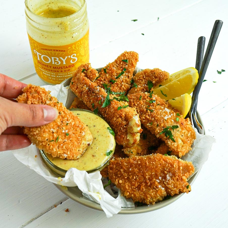 Crispy Chicken Tenders with Toby's Honey Mustard Dressing and Dip
