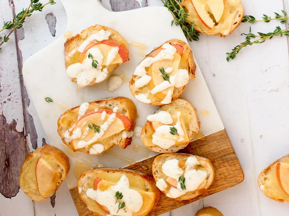 Harvest Apple Gouda Crostini with Blue Cheese Dressing - Toby's Family Foods