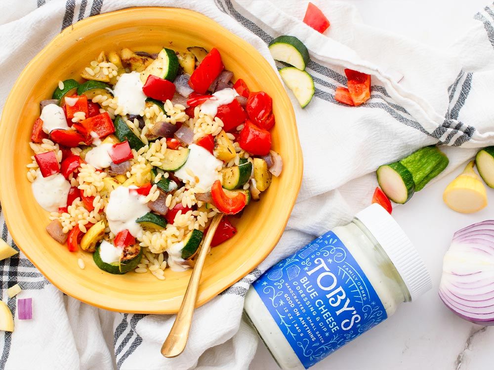 How to make Grilled Vegetable Orzo Salad with Blue Cheese Dressing