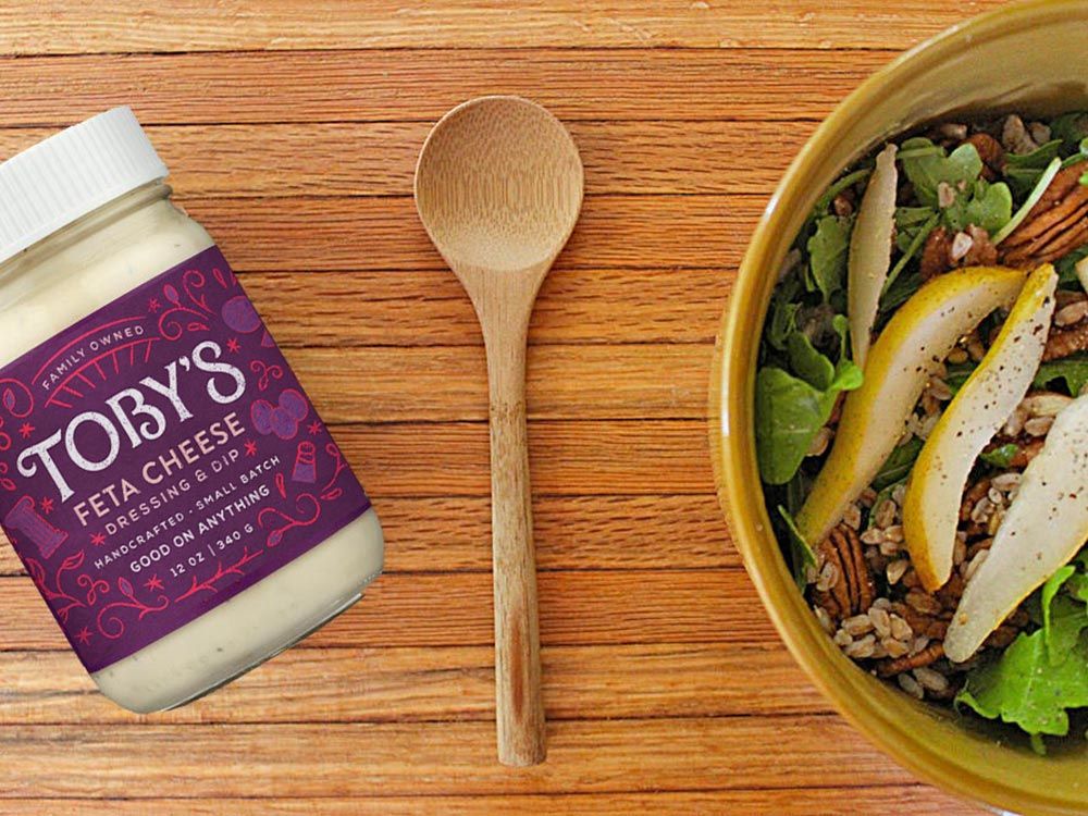 pear arugula salad with toasted farro and Toby's Greek Feta dressing