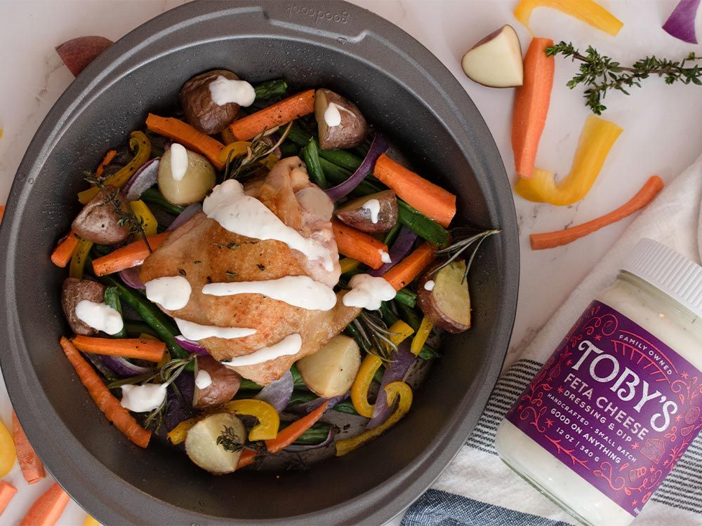 How to make Chicken & Veggie Sheet Pan with Feta Cheese Dressing & Dip