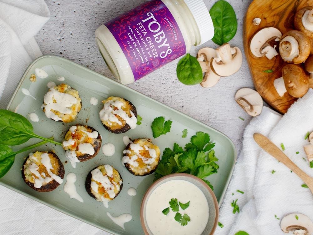 How to make Stuffed Spinach Mushrooms with Toby’s Feta Cheese Dressing