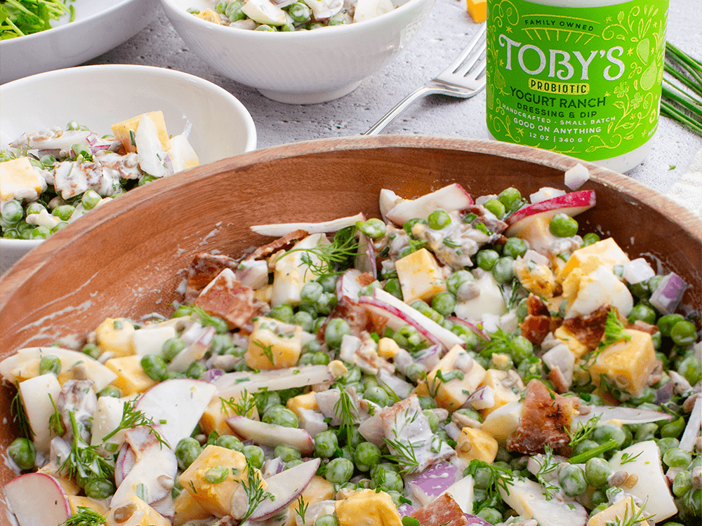 How to make Cheddar Bacon Pea Salad with Yogurt Ranch Dressing