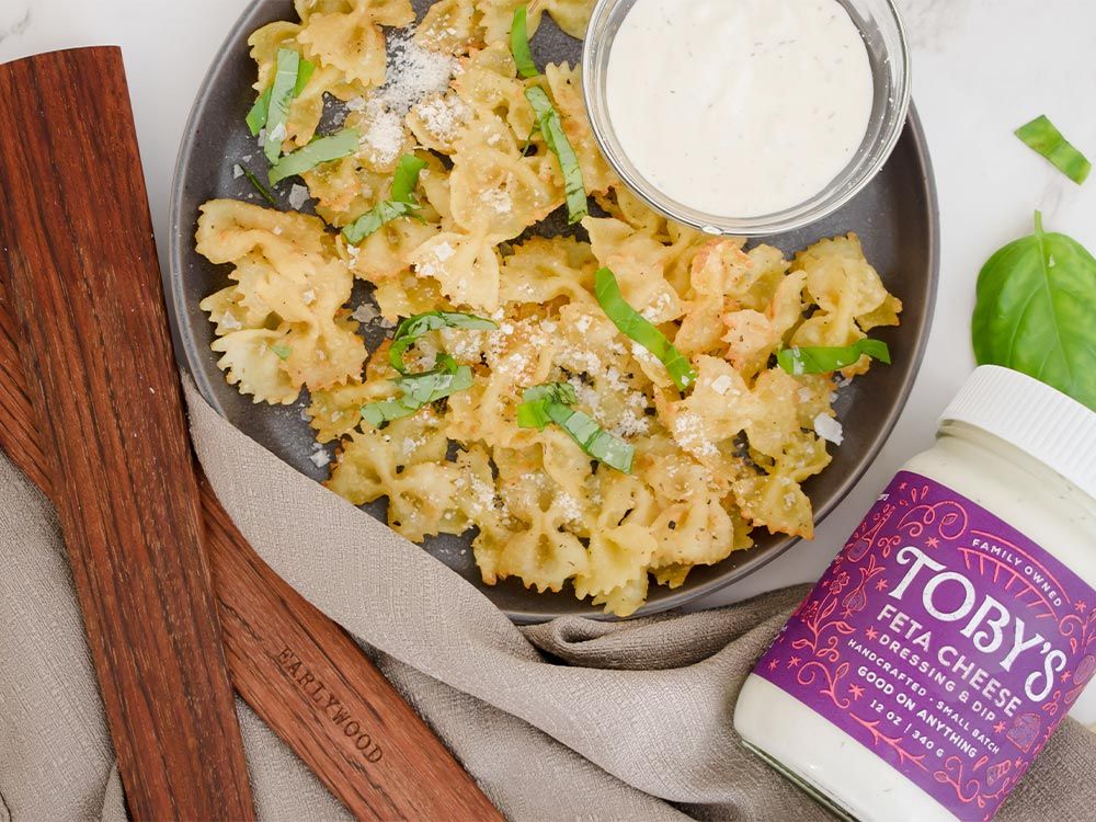 How to make Parmesan Garlic Pasta Chips with Feta Cheese Dressing & Dip