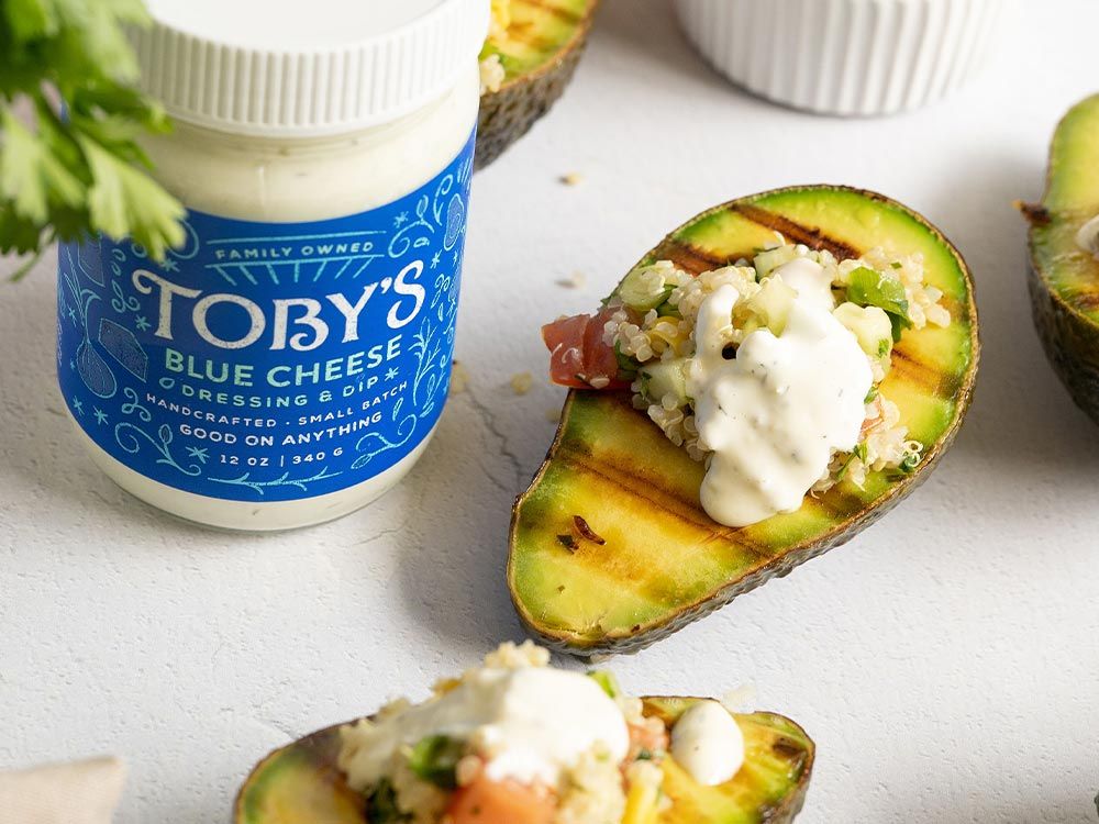 How to make Grilled Avocados with Vegetable Quinoa and Blue Cheese Dressing