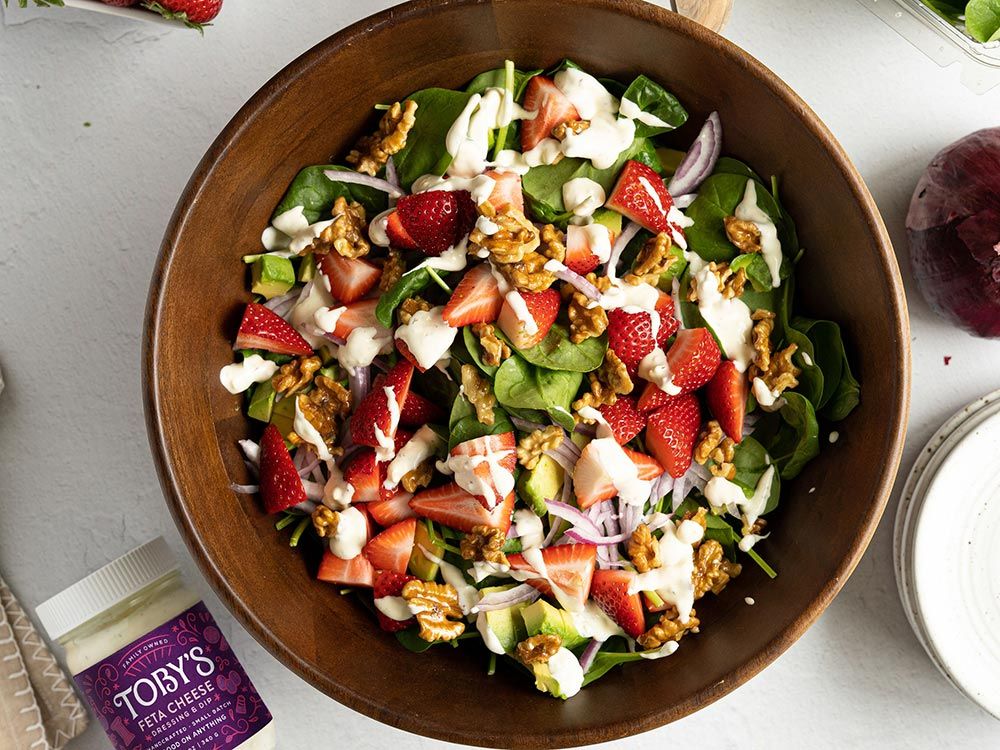 How to make Strawberry Avocado Spinach Salad with Feta Cheese Dressing