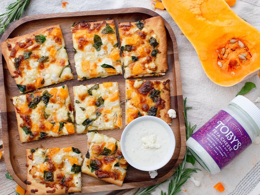 How to make Roasted Fall Vegetable Flatbread with Feta Cheese Dressing