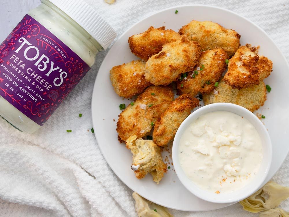 How to make Crispy Roasted Artichoke Bites with Feta Cheese Dressing