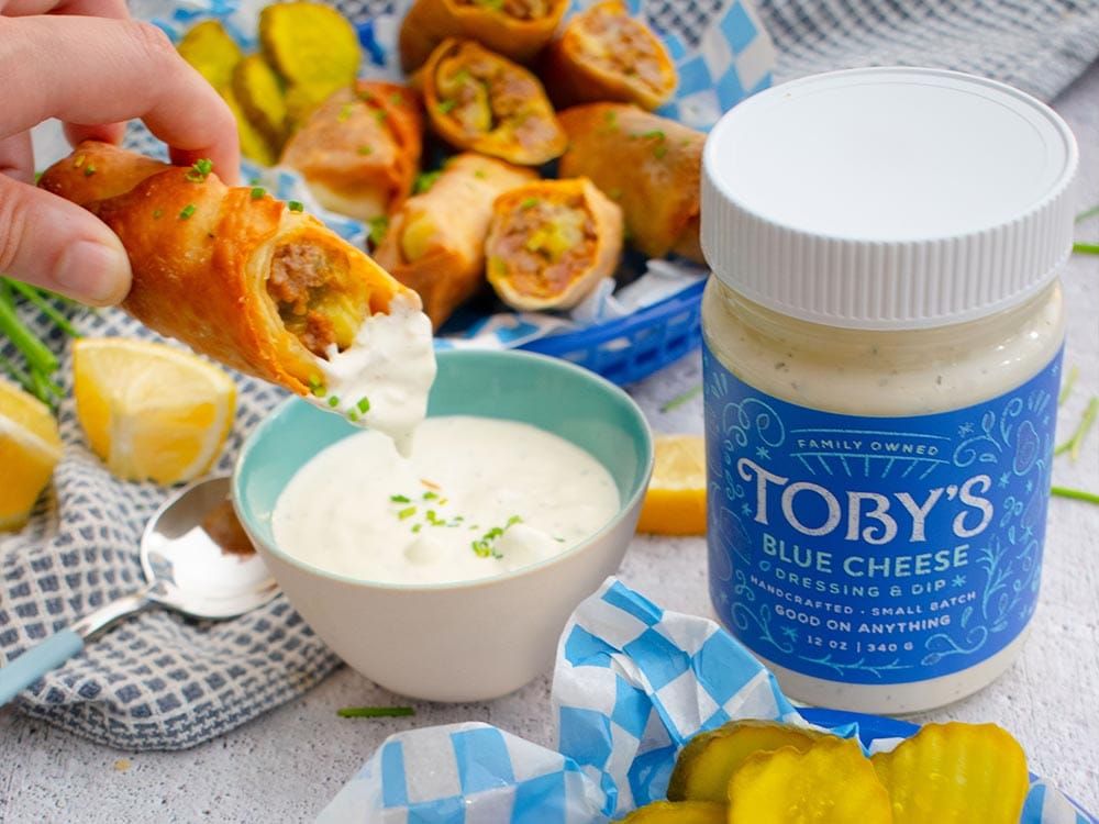 How to make Cheeseburger Egg Rolls with Toby’s Blue Cheese Dressing