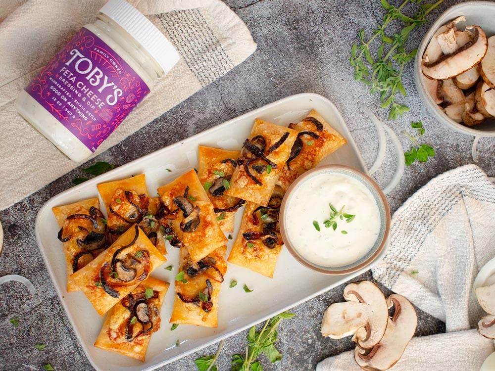 How to make Caramelized Onion Mushroom Bites with Toby’s Feta Cheese Dressing