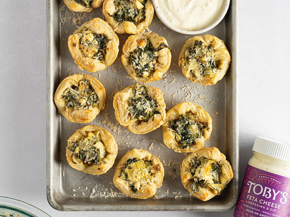 How to make Spinach Artichoke Phyllo Cups with Feta Cheese Dressing & Dip