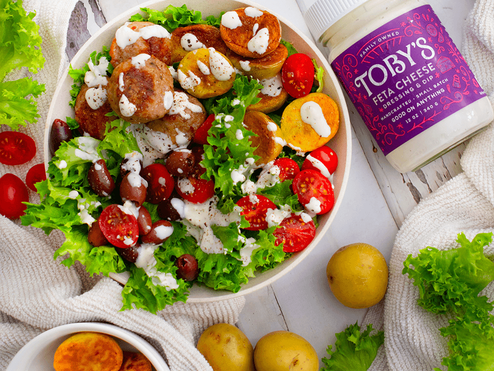 How to make Greek Meatball Bowl with Toby’s Feta Cheese Dressing
