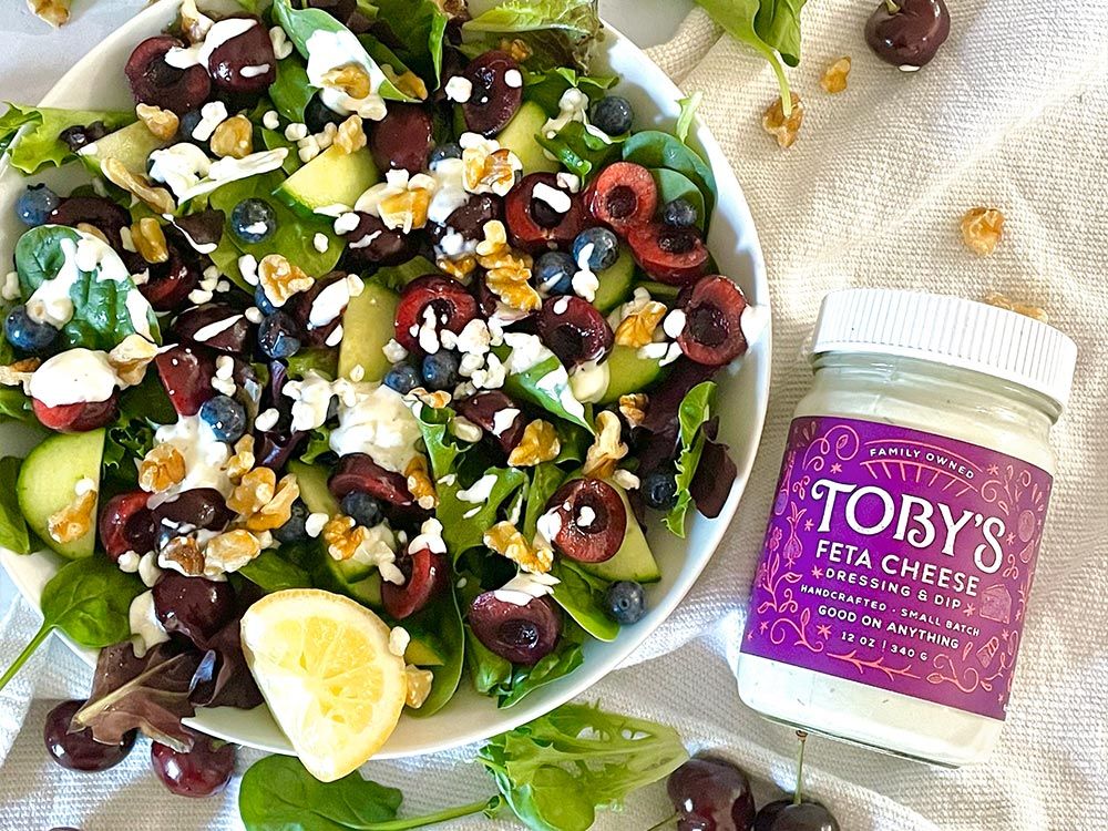 How to make Summer Cherry Blueberry Salad with Feta Cheese Dressing