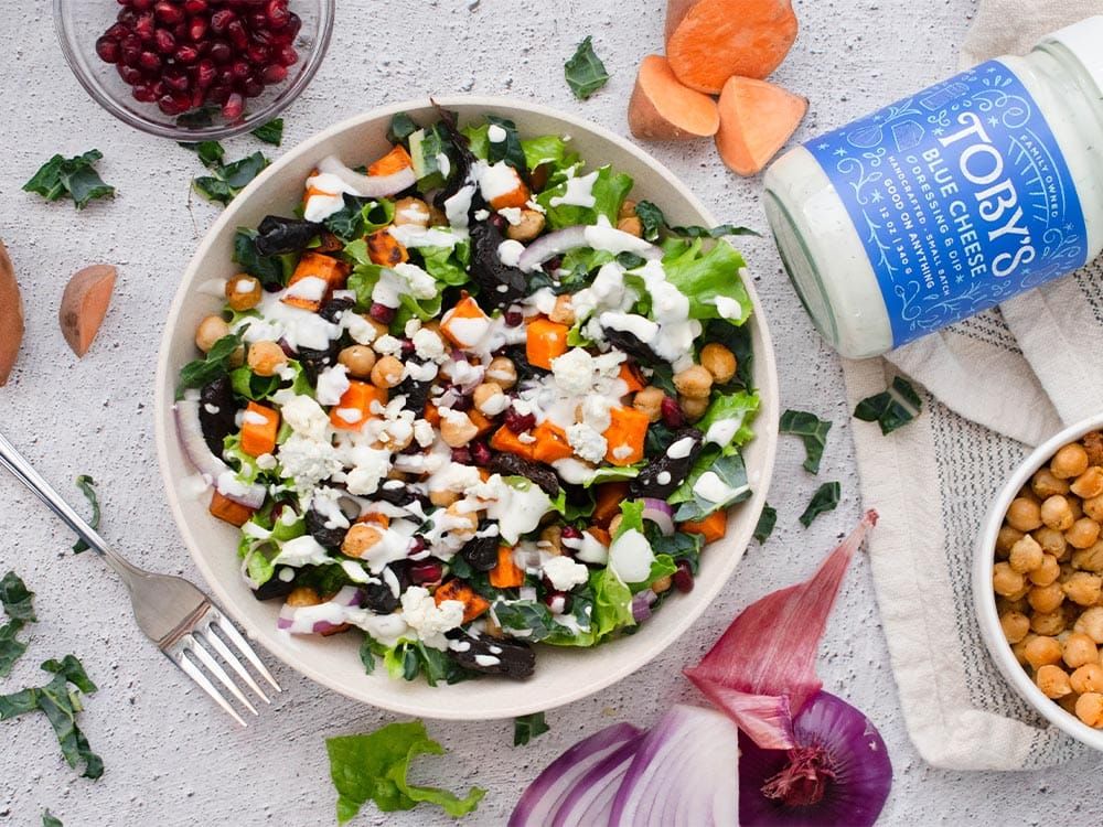 How to make Roasted Chickpea Kale Salad with Blue Cheese Dressing