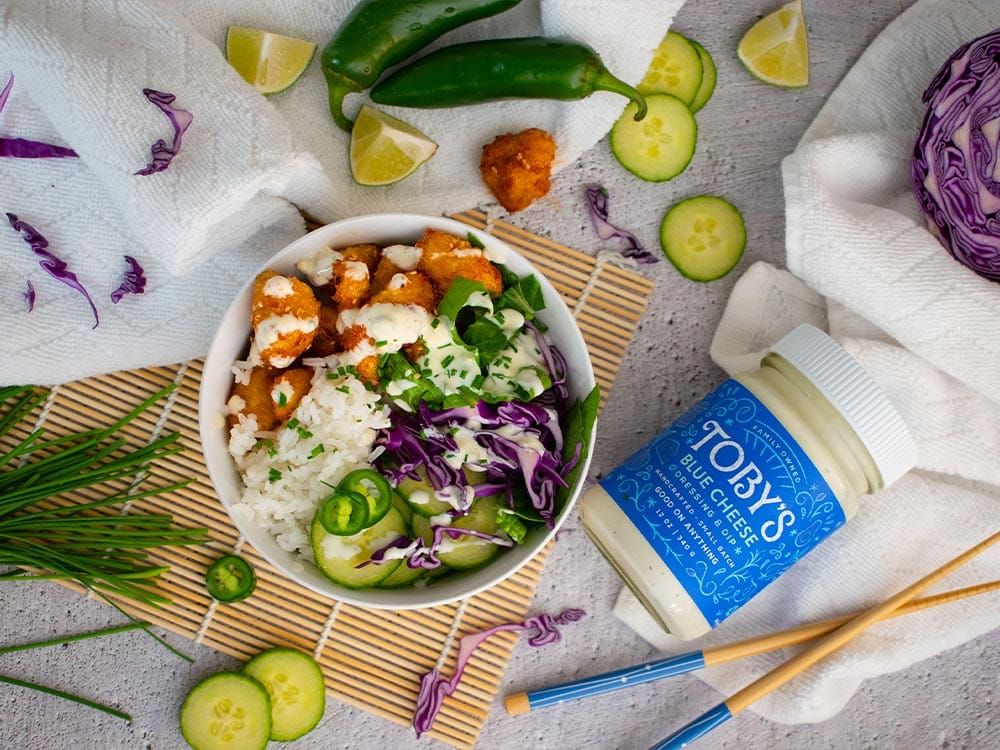 How to make Bang Bang Chicken Bowl with Toby’s Blue Cheese Dressing