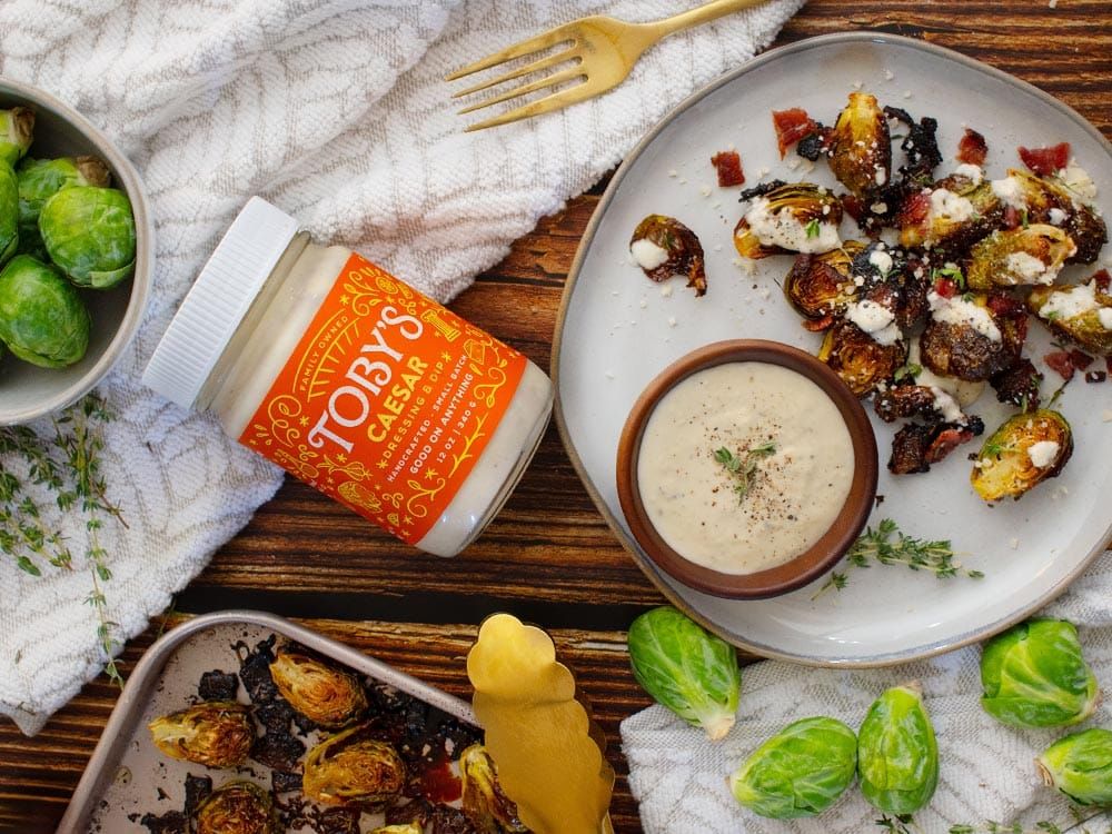 How to make Cheesy Bacon Roasted Brussels with Toby’s Caesar Dressing