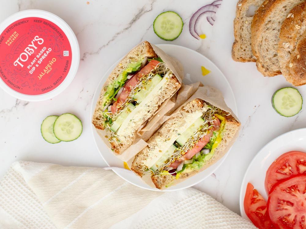 How to make Raw Veggie Stacked Sandwich with Jalapeño Dip & Spread