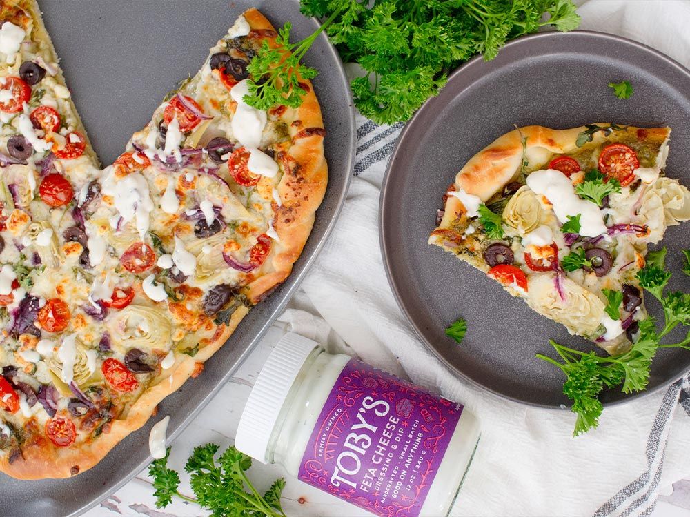 How to make Mediterranean Cheesy Pesto Flatbread with Feta Cheese Dressing