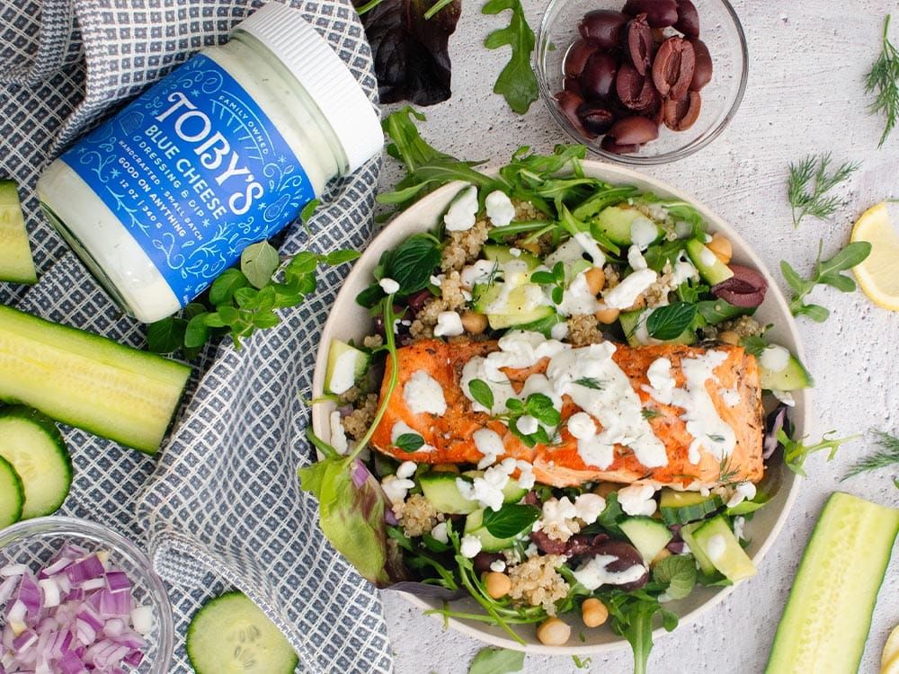 How to make Mediterranean Salmon Quinoa Bowl with Blue Cheese
