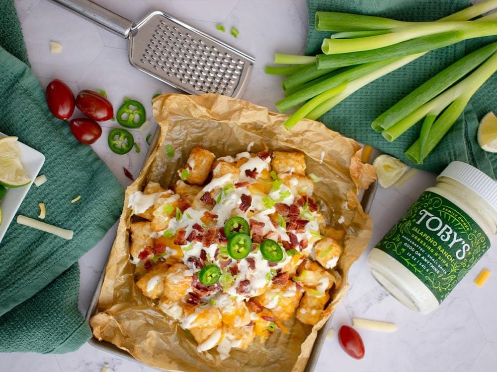 How to make Cheesy Loaded Tater Tots with Toby’s Jalapeño Ranch