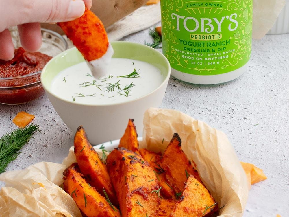 How to make Harissa Sweet Potato Wedges with Yogurt Ranch Dressing
