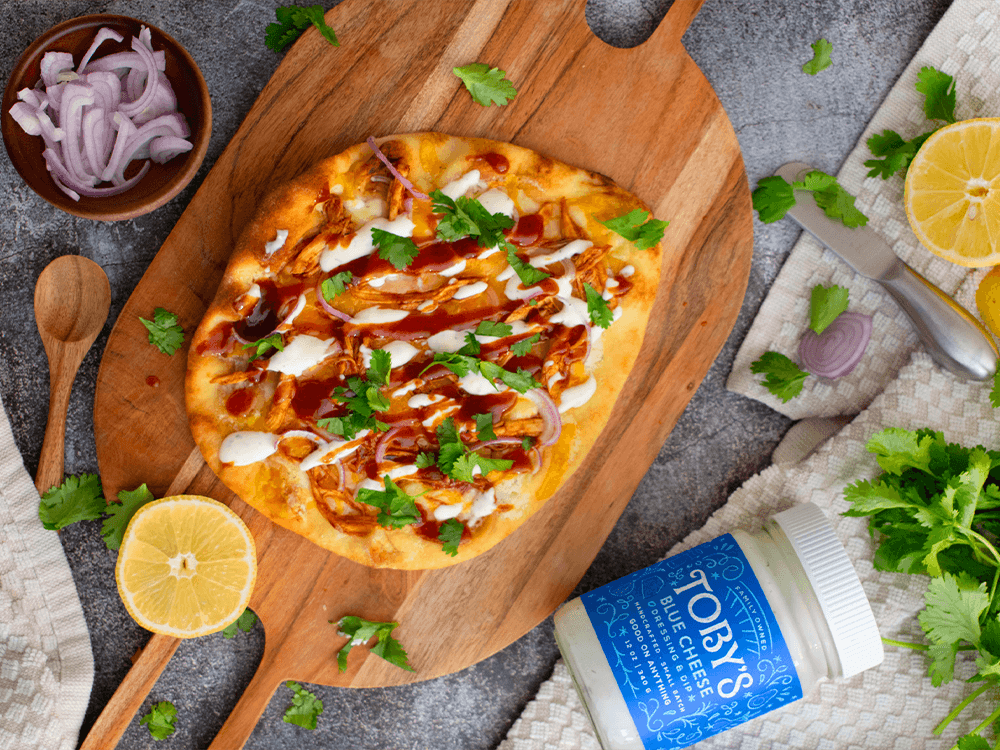 How to make BBQ Chicken Naan Pizza with Toby’s Blue Cheese Dressing