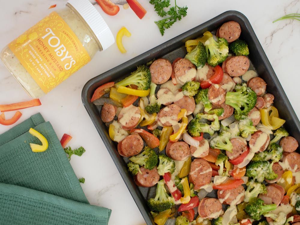 How to make Sheet Pan Sausage & Veggies with Honey Mustard Dressing & Dip