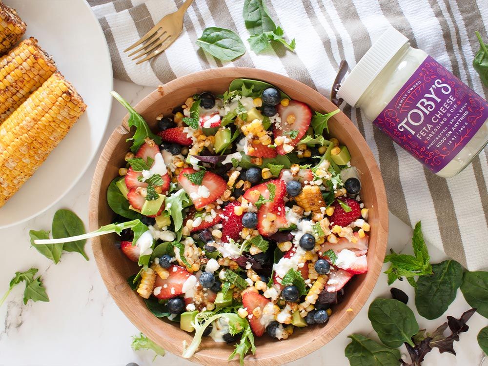 How to make Strawberry Avocado Corn Salad with Feta Cheese Dressing & Dip