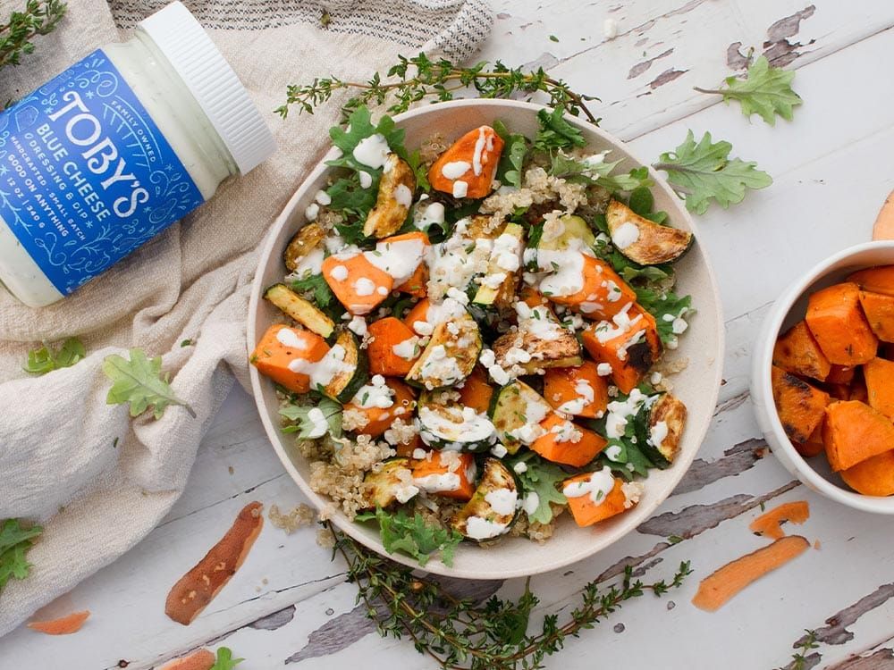 How to make Roasted Veggie & Quinoa Bowl with Blue Cheese Dressing