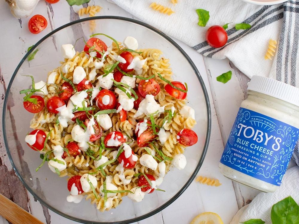 How to make Caprese Pasta Salad with Toby’s Blue Cheese Dressing