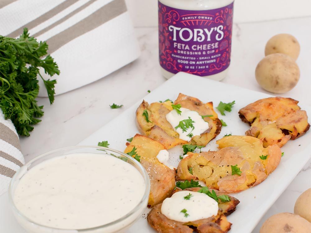 How to make Crispy Smashed Potatoes with Feta Cheese Dressing & Dip