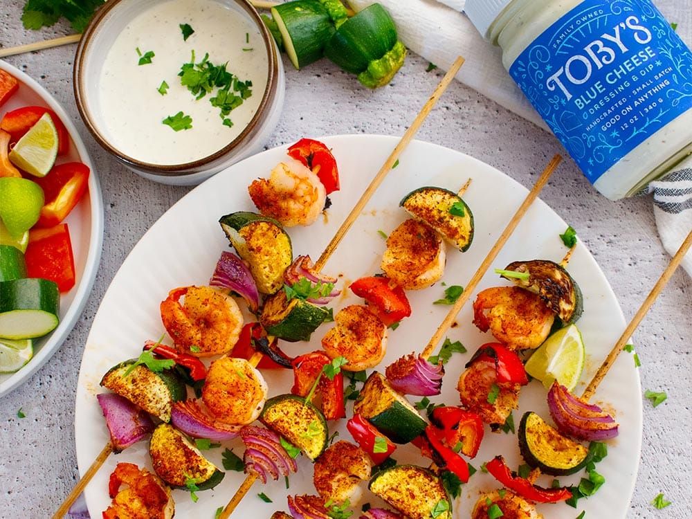 How to make Grilled Shrimp & Veggie Skewers with Blue Cheese Dressing & Dip