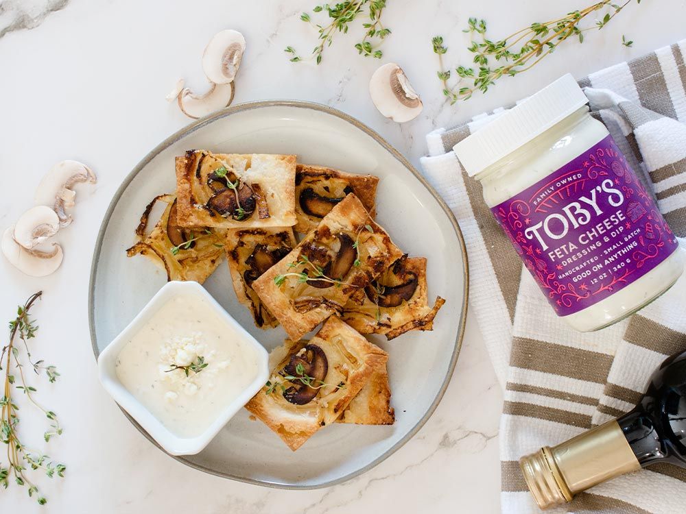 How to make Caramelized Onion Mushroom Bites with Feta Cheese Dressing